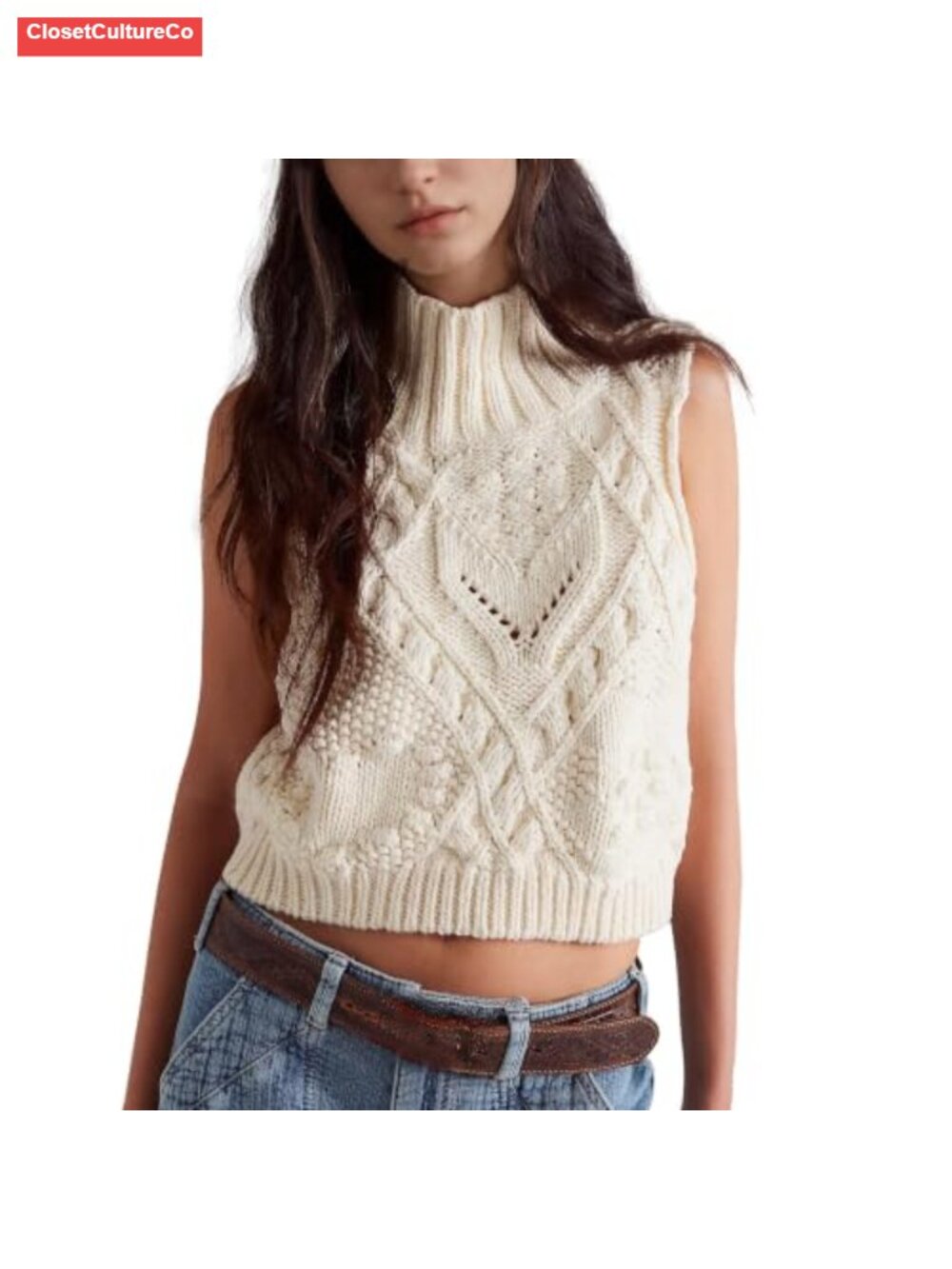 Crochet Sleeveless Turtleneck Sweater Vest Cotton Knit Crop Top